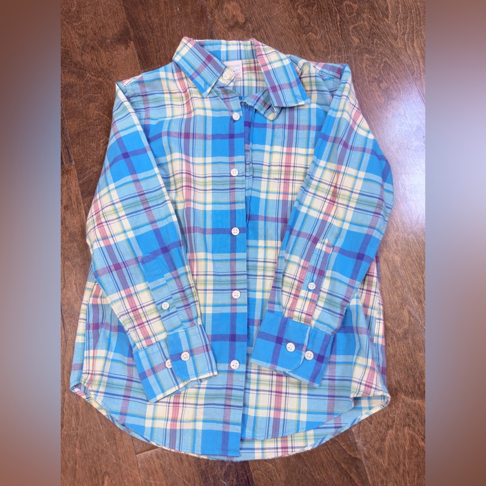 Crewcuts Girl Size 6/7 Blue Purple Pink Yellow Plaid Kids Button Down Shirt